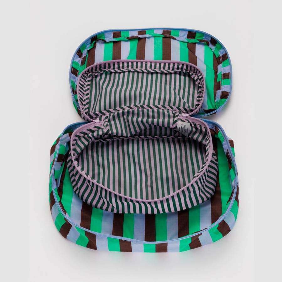 Baggu-ensemble-de-pochettes-en-cube-rayures-violet-marron-vert-nylon-ripstop-organisation-Atelier-Kumo