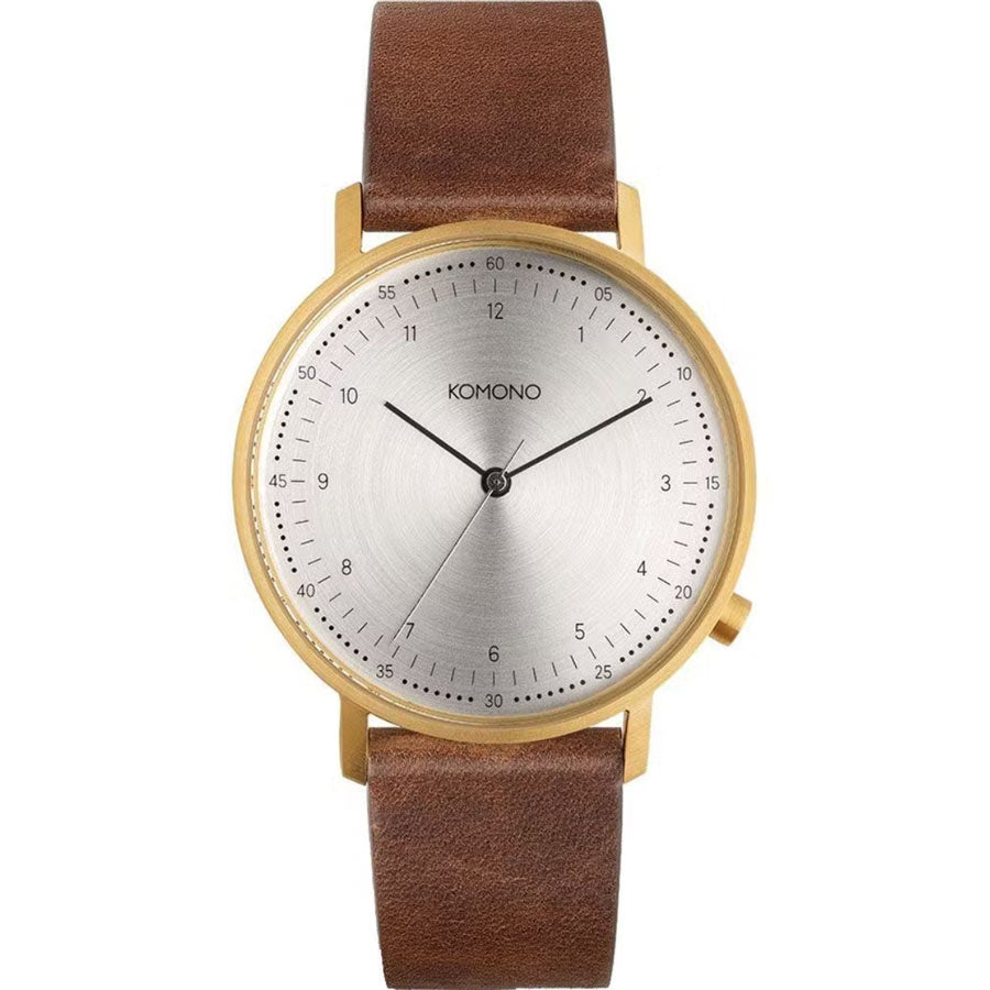 Komono-montre-ronde-bracelet-cuir-marron-cadre-dore-Atelier-Kumo