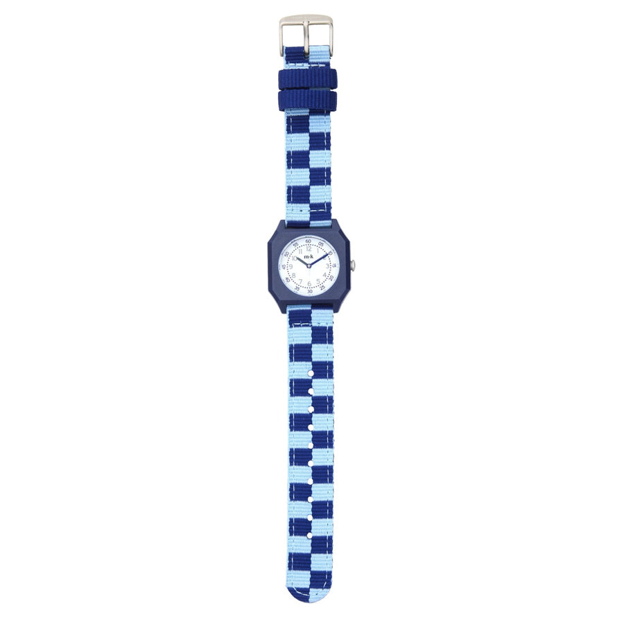 Mini-kyomo-montre-enfant-carreaux-bleu-fonce-bleu-ciel-depliee-Atelier-Kumo