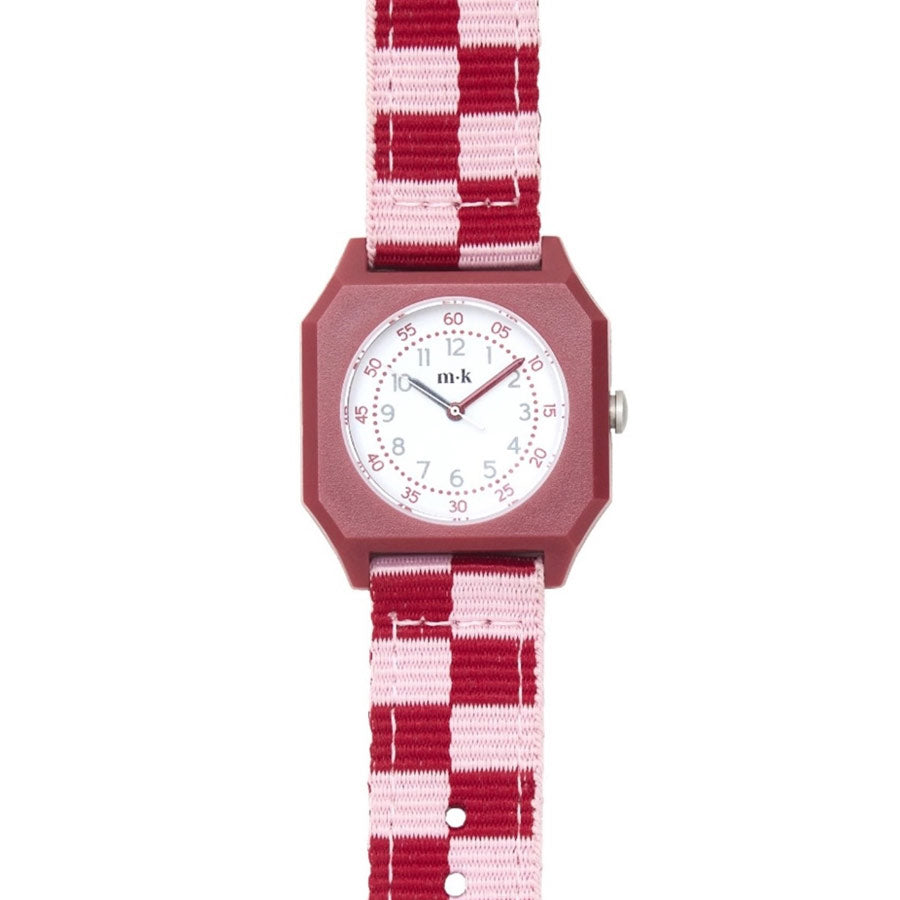 Mini-kyomo-montre-enfant-carreaux-rose-rouge-Atelier-Kumo