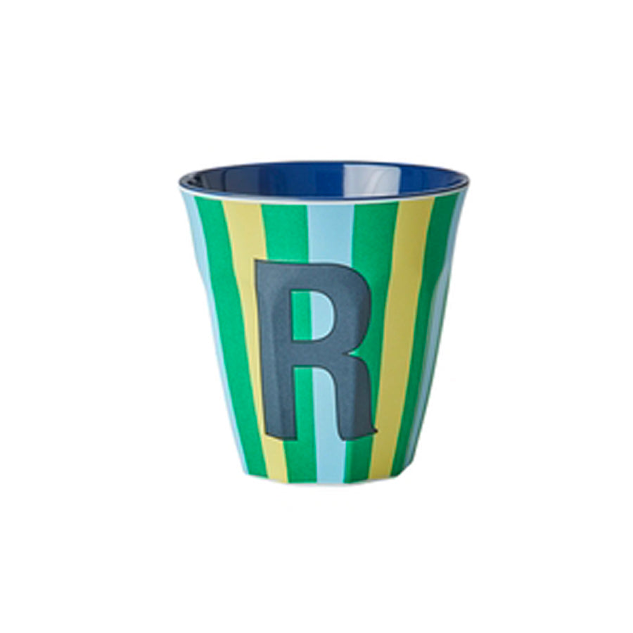 Gobelet En Mélamine Rice à Rayures Avec Lettre - 300 Ml, Dimensions 9x9 Cm, Lavable Au Lave-vaisselle, Sans BPA, Pour Enfant Ou Déco