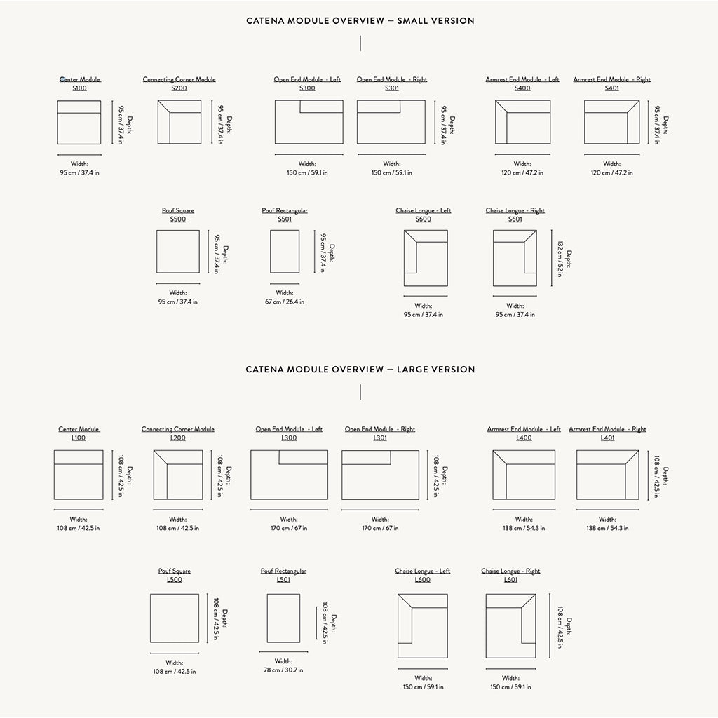 Tous les modules et dimensions pour créer son canapé CATENA de l'Atelier Kumo