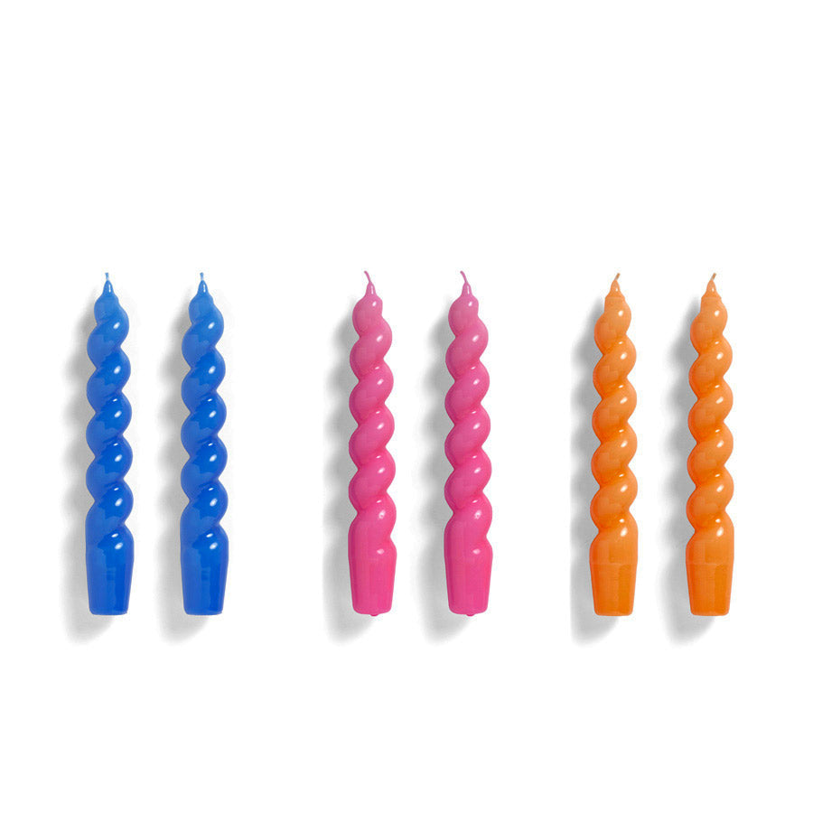 Hay-bougies-spirales-epaisses-bleu-fonce-rose-fluo-peche-fonce-Atelier-Kumo