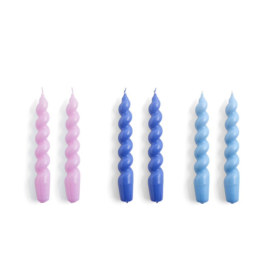 Hay-paquet-de-6-bougies-spirale-epaisse-lilas-purple-bleu-clair-bleu-Atelier-Kumo
