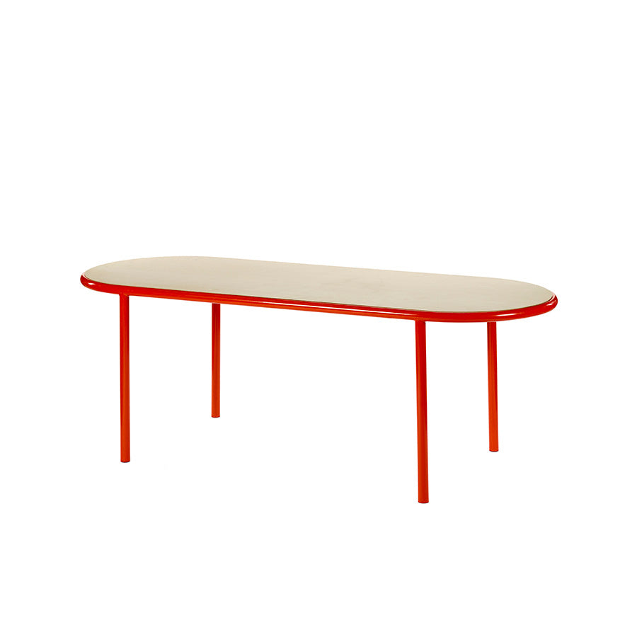 Muller-van-Severen-table-bois-ovale-structure-rouge-bouleau-Valerie-Objects-Atelier-Kumo