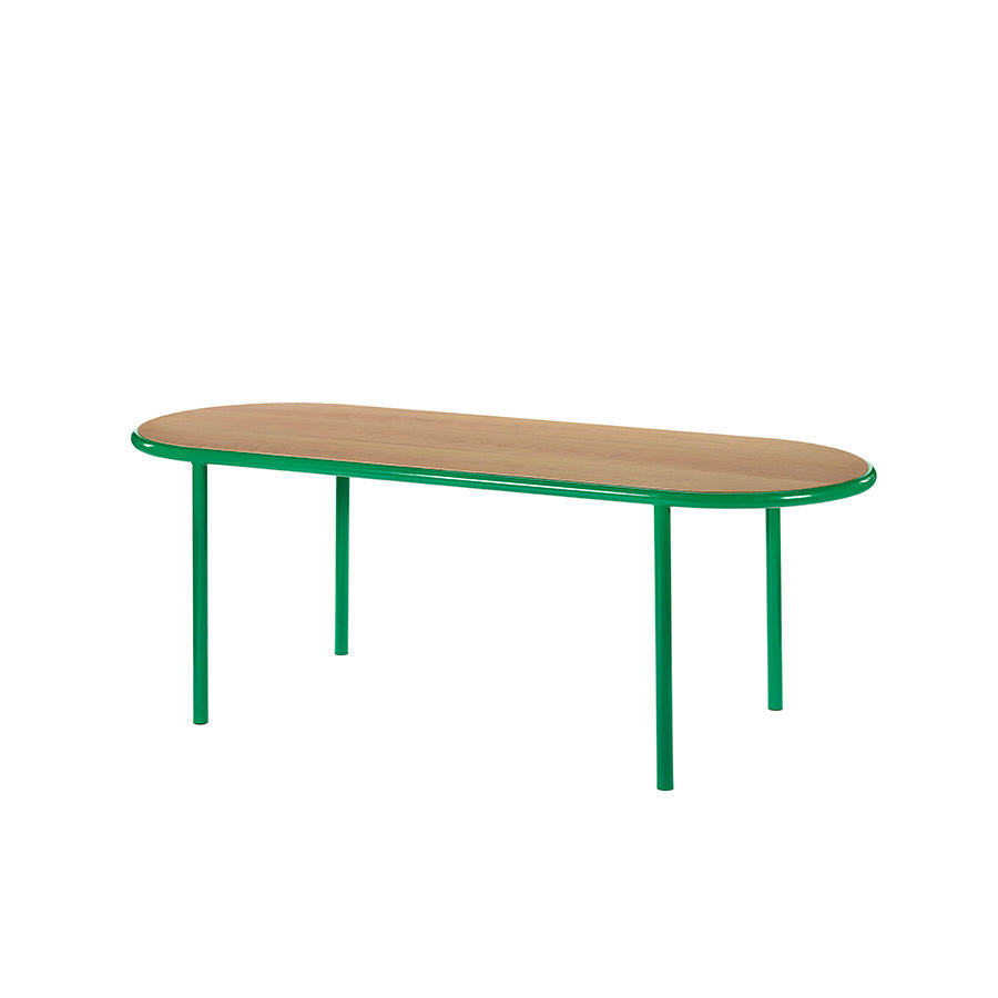 Muller-van-Severen-table-bois-ovale-structure-verte-cerisier-Valerie-Objects-Atelier-Kumo