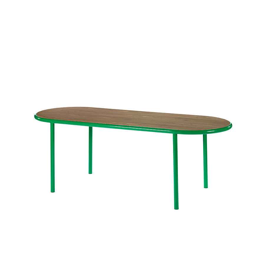 Muller-van-Severen-table-bois-ovale-structure-verte-noyer-Valerie-Objects-Atelier-Kumo