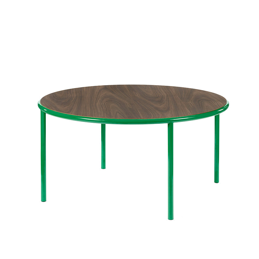 Muller-van-Severen-table-bois-ronde-structure-verte-noyer-Valerie-Objects-Atelier-Kumo
